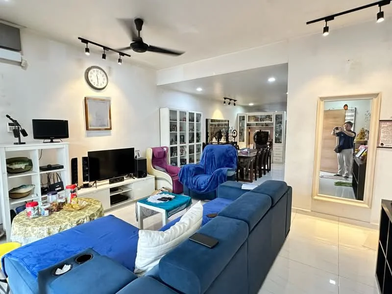 Living features: 3-seater fabric sofa in blue, 2-seater fabric sofa in white, coffee table, wall-mounted TV, TV console, dining table with chairs, ceiling fan, recessed LED downlights, wall clock, decorative mirror, open shelving unit, artwork on walls, tiles flooring, air conditioning unit; style: modern.