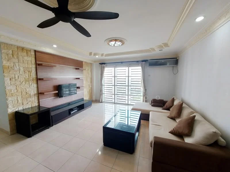 Living features: cream painted walls, white ceiling with crown moulding, 5-blade ceiling fan with light, recessed downlights, large windows with horizontal slats, light-colored sofa with brown cushions, glass coffee table, wooden TV console, wall-mounted TV, stone accent wall, tile flooring; style: modern; view: city.