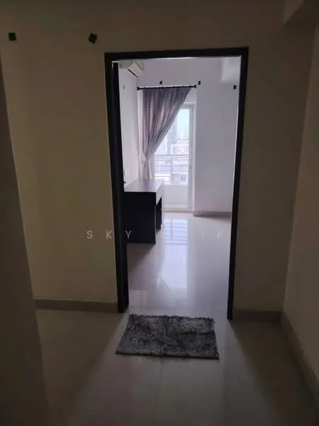 Room features: white painted walls, glossy tile flooring, floor-to-ceiling window, sheer curtains, balcony door, neutral color scheme, door frame, welcome mat; style: modern; view: city.