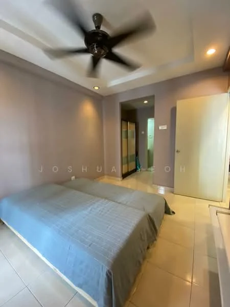 Bedroom features: two single beds with grey bedding, 5-blade ceiling fan, cream painted walls, tile flooring, built-in wardrobe with sliding doors, doorway leading to another room, recessed ceiling with lighting, natural light from doorway; style: modern.