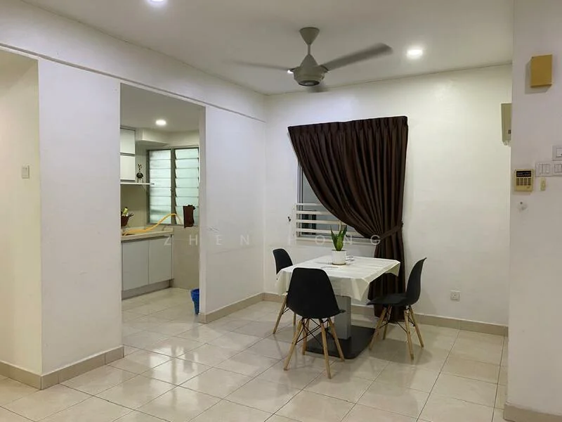 Dining features: white walls, tile flooring, ceiling fan, dining table with four chairs, brown curtain, potted plant on table, open layout to kitchen, window with sheer treatment; style: modern. Kitchen features: white cabinetry, grey countertop, stainless-steel appliances, window with natural light; style: modern.