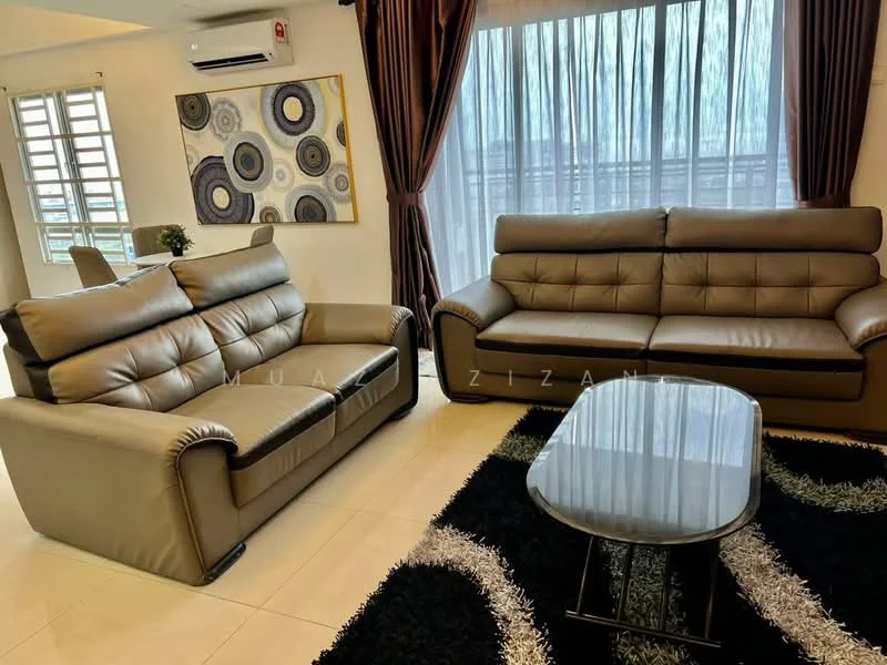 Living features: 2-seater leather sofa in grey, 3-seater leather sofa in grey, glass coffee table, black area rug, floor-to-ceiling windows with sheer curtains, wall-mounted split AC, decorative wall art with circular patterns, dark brown curtains, cream tiled flooring; style: modern.