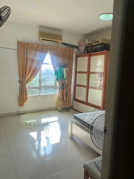 Bedroom features: single bed, bed frame, floor-to-ceiling window, curtains, air conditioning unit, ceiling fan, light-colored walls, tile flooring, built-in wardrobe, decorative items on top of wardrobe; view: city.