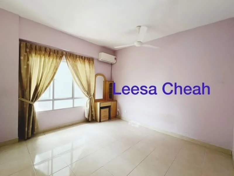 Room features: light purple painted walls, cream tiled flooring, floor-to-ceiling window, sheer curtains, ceiling fan, wall-mounted split AC, wooden dresser, mirror on dresser.