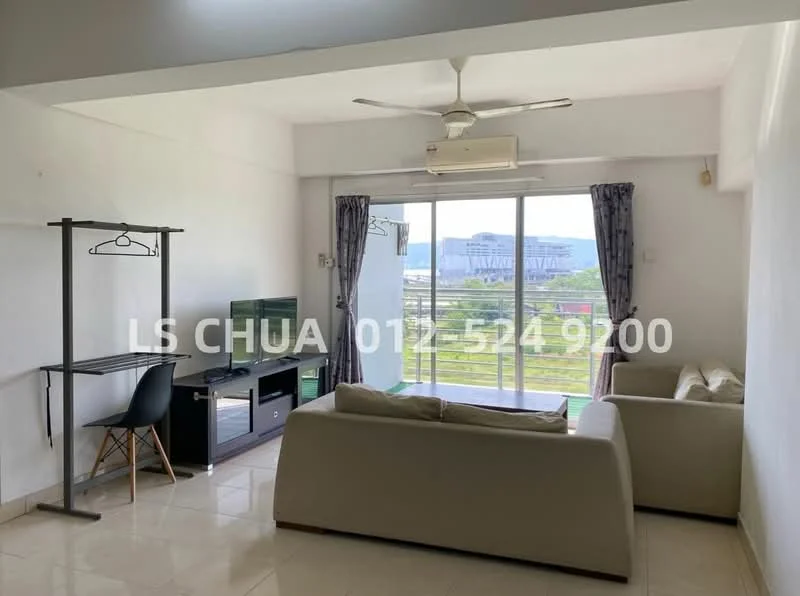 Living features: white painted walls, marble tile flooring, 5-blade ceiling fan with light, sliding glass door, floor-to-ceiling windows, sofa in light color, TV console, wall-mounted TV, decorative curtains, small dining table, black dining chair, open view; style: modern; view: garden.
