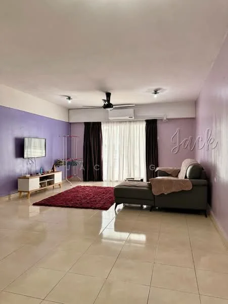 Living features: purple painted walls, cream tiled flooring, 5-blade ceiling fan, recessed downlights, floor-to-ceiling windows, sheer curtains, dark brown leather sofa, coffee table, TV console, wall-mounted TV, area rug with geometric pattern; style: modern.