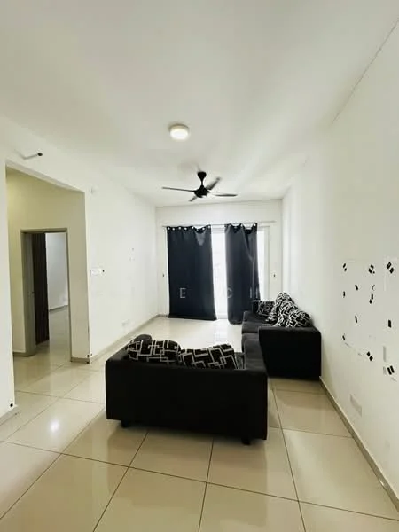 Living features: black fabric sofa with patterned cushions, ceiling fan, white walls, glossy beige tile flooring, floor-to-ceiling windows with black curtains, natural light from windows, minimalist decor, open layout; style: modern.