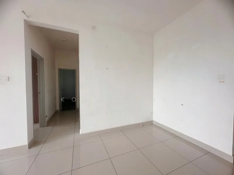 Room features: white painted walls, cream tiled flooring, single door, multiple doorways, plain ceiling, no visible lighting fixtures; style: minimalist.
