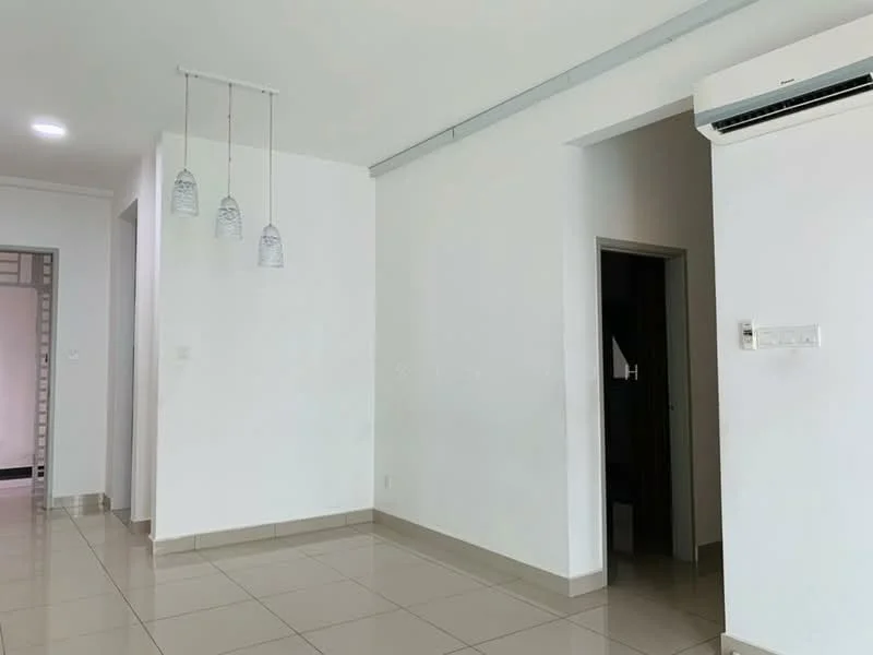 Room features: white painted walls, glossy ceramic tile flooring, recessed downlights, 3 pendant lights, wall-mounted split AC, doorway leading to another room, open space layout; style: modern.