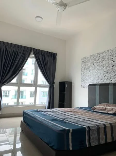 Bedroom features: queen-size bed, upholstered headboard, striped bedding, floor-to-ceiling windows, grey curtains, white painted walls, polished tile flooring, ceiling fan, built-in wardrobe, decorative wall panel; style: modern; view: city.