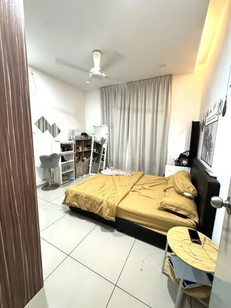 Bedroom features: king-size bed with beige bedding, upholstered headboard, 2 bedside tables, floor-to-ceiling windows with sheer curtains, white painted walls, ceiling fan, built-in wardrobe, full-length mirror, study desk with chair, decorative wall art, tile flooring; style: modern.