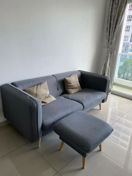 Living features: grey fabric 3-seater sofa, two beige throw pillows, grey upholstered ottoman, glossy beige tile flooring, floor-to-ceiling windows, sheer curtains, white painted walls, natural light from window; style: modern; view: city.
