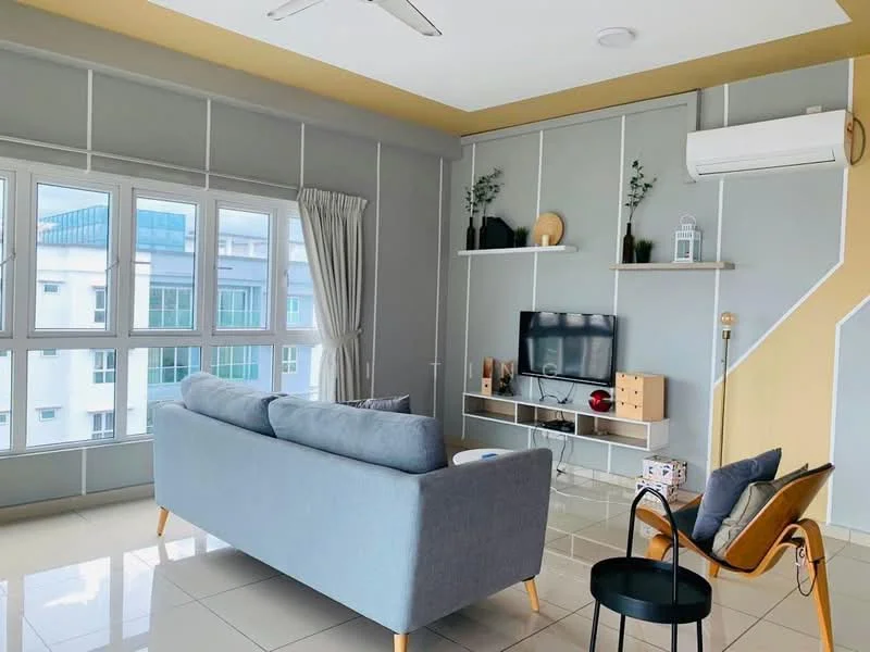Living features: grey painted walls, white ceiling, 5-blade ceiling fan, large floor-to-ceiling windows, light grey fabric sofa, wooden coffee table, TV console with wall-mounted TV, decorative plants on shelves, wooden accent chair, white tiles flooring, curtains, wall-mounted air conditioning unit; style: modern; view: city.