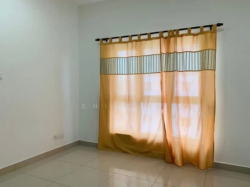 Room features: white painted walls, cream curtains with vertical stripes, floor-to-ceiling window, glossy tile flooring, natural light from window.