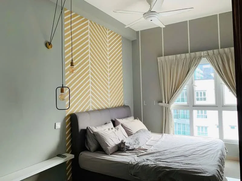 Bedroom features: queen-size bed, upholstered headboard, grey bedding, 2 bedside lamps, ceiling fan, striped accent wall in yellow and white, grey painted walls, floor-to-ceiling windows with sheer curtains, wooden window frames, small wall-mounted shelf; style: modern; view: city.