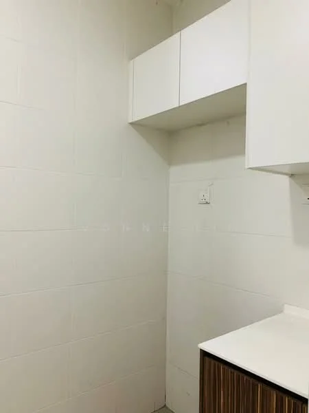 Kitchen features: white tiled walls, white cabinetry, laminate countertop, wood grain cabinetry, under-cabinet lighting; style: modern.