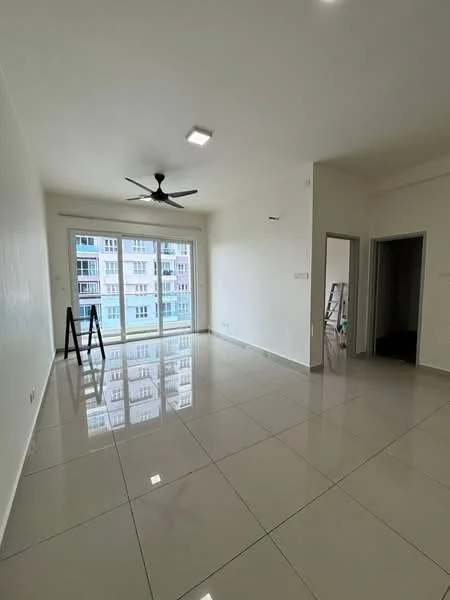 Living features: white painted walls, glossy ceramic tile flooring, 5-blade ceiling fan with light, floor-to-ceiling sliding glass door, natural light from large windows, neutral color scheme, open layout, no visible furniture; style: modern; view: city. Room features: doorway leading to another room, neutral wall color.
