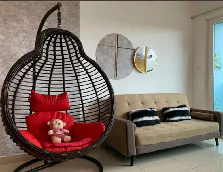 Living features: hanging rattan chair with red cushion, sofa in beige fabric, black and white decorative cushions, grey accent wall, light-colored floor tiles, round wall mirrors, decorative wall art, floor-to-ceiling glass door; style: modern.