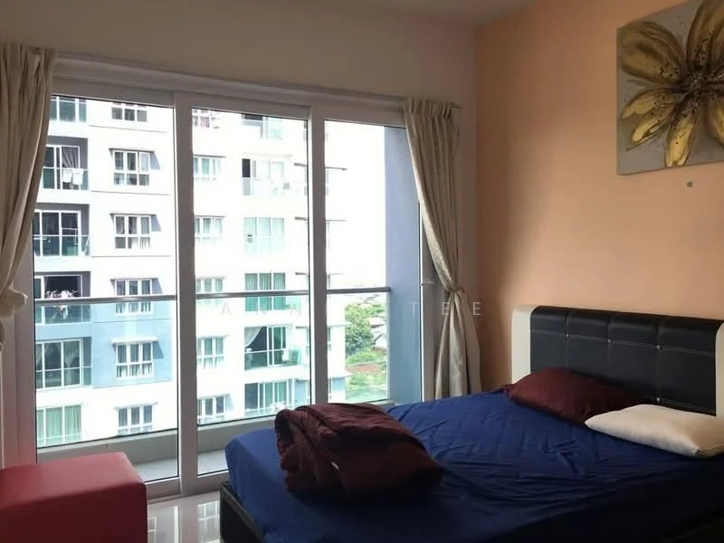 Bedroom features: queen-size bed, upholstered headboard, red bedding, white pillow, floor-to-ceiling windows, sliding glass door, curtains, decorative wall art, light-colored walls, glossy tile flooring; style: modern; view: garden.