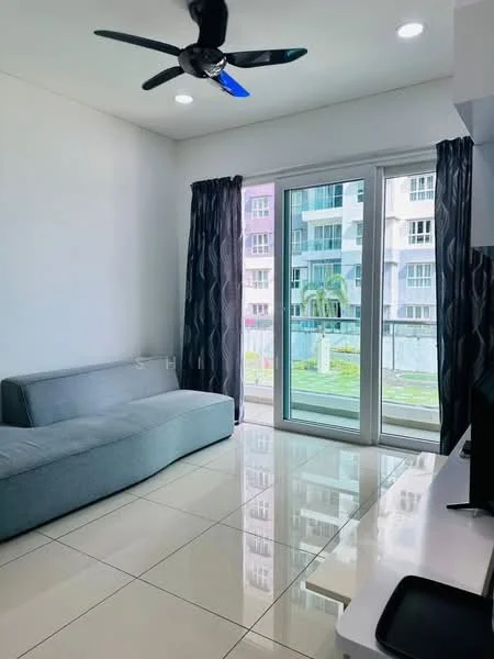Living features: grey fabric sofa, floor-to-ceiling sliding glass door, blackout curtains, white painted walls, glossy tile flooring, 5-blade ceiling fan with light, wall-mounted TV, TV console; style: modern; view: garden.