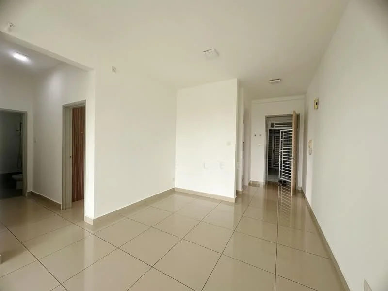 Room features: white painted walls, glossy beige tile flooring, recessed ceiling lights, doorway leading to bathroom, doorway leading to another room, built-in wardrobe, neutral decor; style: modern.