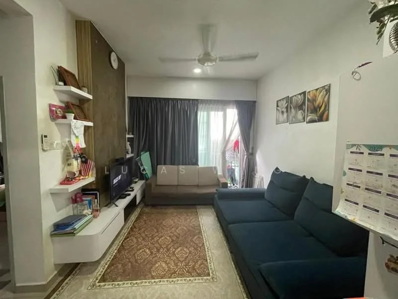 Living features: 3-seater fabric sofa in dark blue, 2-seater fabric sofa in beige, coffee table, TV console, wall-mounted TV, area rug with geometric pattern, ceiling fan, floor-to-ceiling windows with sheer curtains, decorative wall with wood paneling, framed artwork on walls, light-colored walls, dark grey curtains; style: modern.