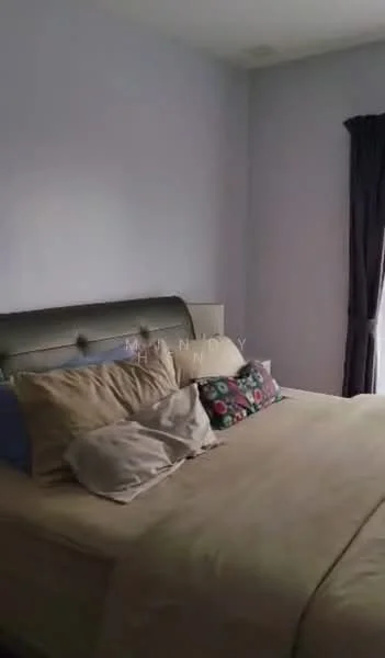 Bedroom features: king-size bed, upholstered headboard, decorative pillows, light grey painted walls, dark curtains, floor-to-ceiling window, carpeted flooring, bedside table; style: modern.