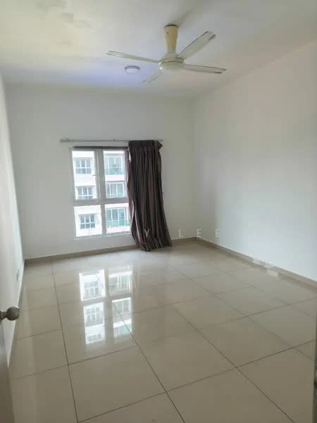 Room features: white painted walls, glossy ceramic tile flooring, ceiling fan, floor-to-ceiling windows, curtains, natural light, neutral color scheme; style: modern.
