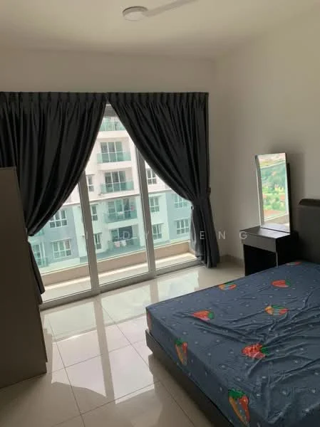 Bedroom features: queen-size bed, upholstered headboard, floor-to-ceiling windows, grey curtains, white walls, glossy tile flooring, wall-mounted mirror, built-in wardrobe; style: modern; view: city.