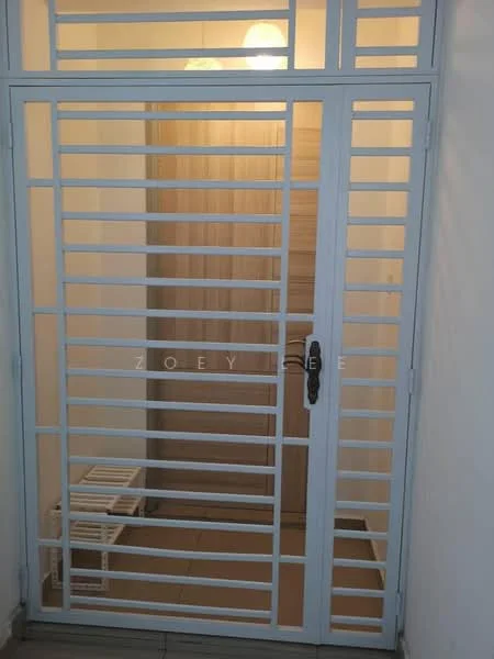Room features: white metal grille door, wooden door, light-colored wall, tile flooring, small white bench, ceiling light fixture; style: modern.