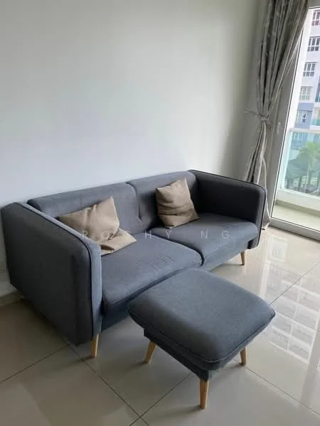 Living features: grey fabric 3-seater sofa, two beige throw pillows, grey upholstered ottoman, glossy beige tile flooring, floor-to-ceiling windows, sheer curtains, white painted walls, natural light from window; style: modern; view: city.