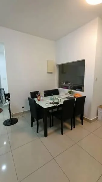 Dining features: white painted walls, tile flooring, 6-seater dining table, black dining chairs, window with view to kitchen, ceiling light fixture, fan, decorative items on table; style: modern.