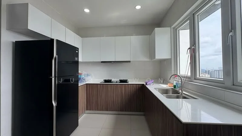 Kitchen features: black stainless-steel fridge, white upper cabinets, brown lower cabinets, white quartz countertop, stainless-steel sink, chrome pull-down faucet, built-in gas stove, white tiled backsplash, recessed LED downlights, large window with city view, grey tiled flooring; style: modern; view: city.