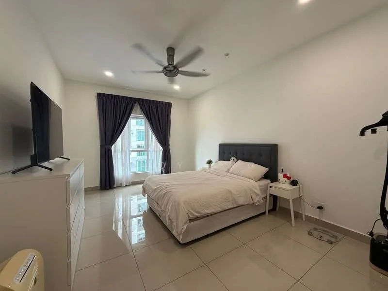 Bedroom features: king-size bed with upholstered headboard, white bedding, 2 bedside tables, wall-mounted TV, ceiling fan with light, floor-to-ceiling window, dark curtains, tiled flooring, white painted walls, decorative wall art, air conditioning unit; style: modern; view: city.