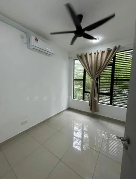 Room features: white painted walls, glossy tile flooring, 5-blade ceiling fan with light, floor-to-ceiling windows, sheer curtains, wall-mounted split AC, natural light from windows; style: modern; view: garden.