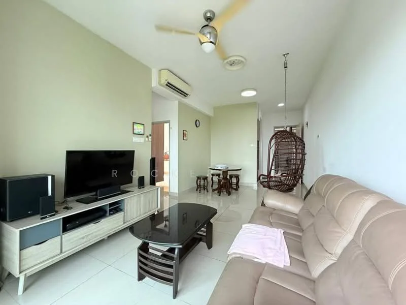 Living features: 3-seater leather sofa in beige, coffee table, wall-mounted TV, TV console, ceiling fan, recessed downlights, hanging rattan chair, white walls, glossy tile flooring, decorative wall clock; style: modern.