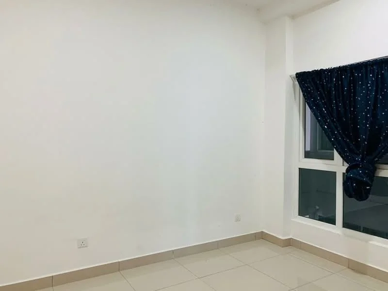 Room features: white painted walls, floor-to-ceiling windows, dark blue curtains, light-colored tile flooring.