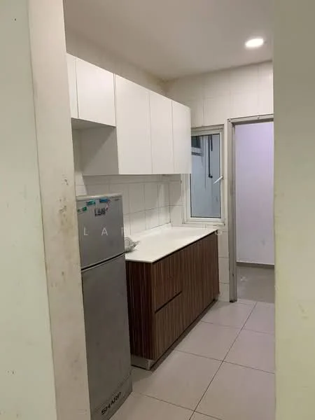 Kitchen features: white upper cabinets, wood lower cabinets, white countertop, stainless-steel fridge, tile backsplash, ceramic tile flooring, single window, recessed lighting, neutral wall color, doorway to adjacent room; style: modern.