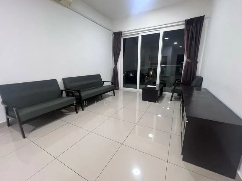 Living features: white painted walls, glossy tile flooring, floor-to-ceiling sliding glass door, curtains in dark purple, 2 three-seater sofas in grey fabric, dark wooden TV console, recessed ceiling lights, wall-mounted air conditioning unit; style: modern; view: city.