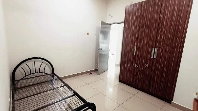 Bedroom features: single metal bed frame without mattress, built-in wardrobe with wood finish, white painted walls, glossy tile flooring, metal door, window with no visible treatment, light fixture on ceiling.