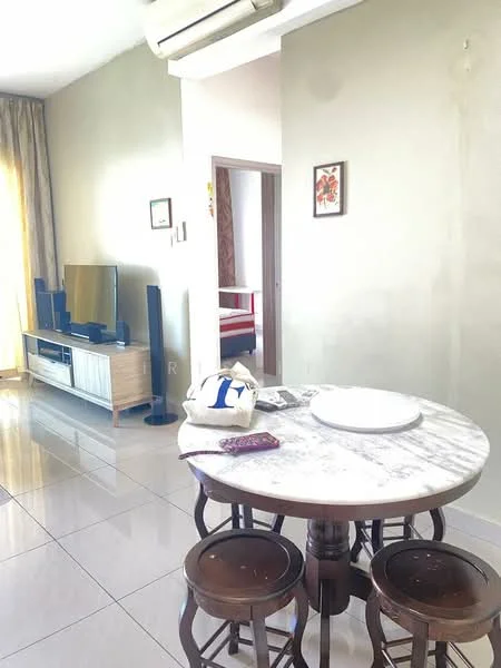 Dining features: round marble dining table, 3 wooden dining chairs, wall-mounted TV, TV console in white, cream painted walls, large window with sheer curtains, tile flooring, decorative artwork on wall, air conditioning unit on ceiling; style: modern. Living features: sofa, coffee table, decorative items on TV console; style: modern.