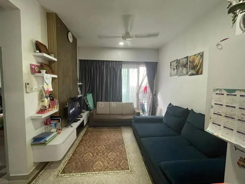 Living features: 3-seater fabric sofa in dark blue, 2-seater fabric sofa in beige, coffee table, wall-mounted TV, TV console, area rug with geometric pattern, ceiling fan, floor-to-ceiling windows with sheer curtains, decorative wall with wood paneling, framed artwork on walls, shelving unit with books and decor; style: modern; view: garden.
