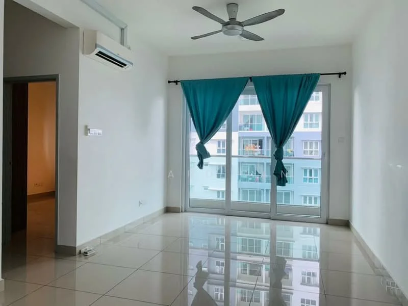 Living features: white painted walls, glossy tile flooring, 5-blade ceiling fan, sliding glass door, floor-to-ceiling windows, turquoise curtains, air conditioning unit, natural light, open layout; style: modern; view: city.