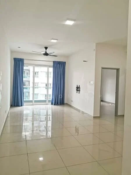 Living features: white painted walls, glossy ceramic tile flooring, 5-blade ceiling fan with light, floor-to-ceiling windows, sliding glass door, blue curtains, wall-mounted TV bracket, recessed downlights; style: modern.