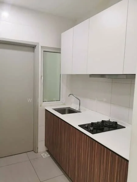 Kitchen features: white upper cabinets, wooden lower cabinets with horizontal grain, white quartz countertop, single-bowl stainless-steel sink, chrome pull-down faucet, 4-burner gas hob, white tiled backsplash, grey tile flooring, window above sink, door leading to another room; style: modern.