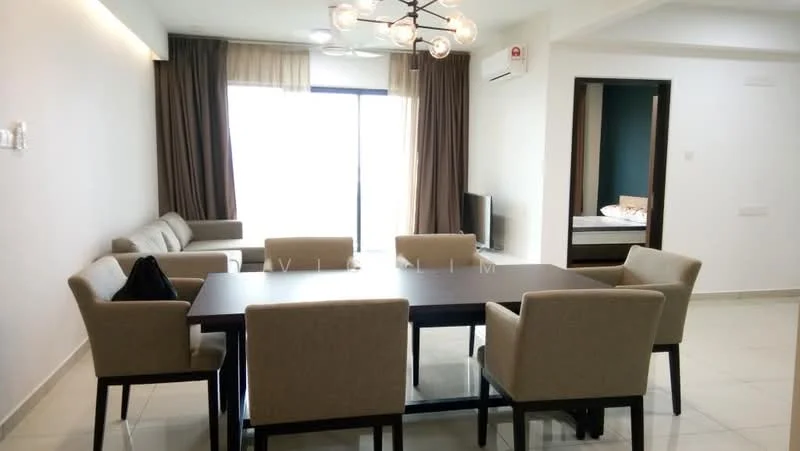 Dining features: 6-seater dining table, upholstered dining chairs, chandelier, floor-to-ceiling windows, curtains, light-colored tiled flooring, wall-mounted air conditioning unit, neutral painted walls; style: modern. Living features: 3-seater fabric sofa, coffee table, wall-mounted TV, neutral painted walls, light-colored tiled flooring; style: modern.