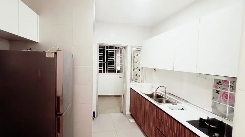 Kitchen features: stainless-steel fridge, white cabinetry, laminate countertop, double-bowl stainless-steel sink, chrome pull-down faucet, 4-burner gas hob, wall-mounted cabinets, tile backsplash, grey tile flooring, window with security bars, door leading to utility area; style: modern.