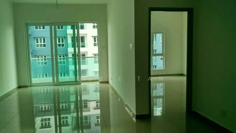 Room features: glossy ceramic tile flooring, white painted walls, large sliding glass door, floor-to-ceiling windows, natural light from windows, neutral color scheme, open layout, no visible furniture; style: modern; view: city.