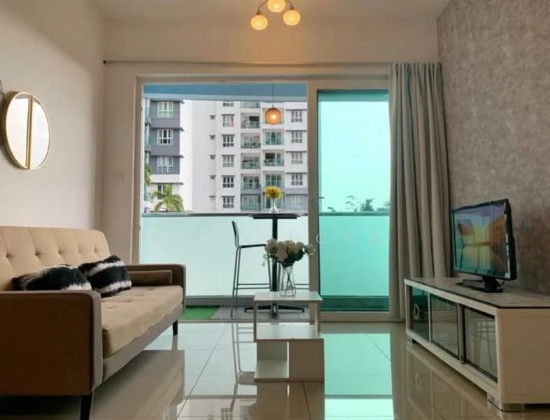 Living features: beige fabric sofa, decorative cushions, white coffee table, TV console, wall-mounted TV, floor-to-ceiling windows, curtains, glossy tile flooring, chandelier with multiple bulbs, wall mirror, decorative vase with flowers; style: modern; view: city.