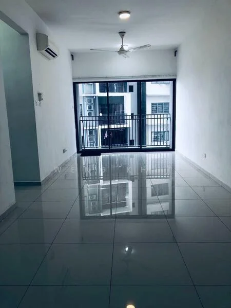 Living features: white painted walls, glossy porcelain tile flooring, ceiling fan, floor-to-ceiling windows, sliding glass door, balcony access, recessed downlights, air conditioning unit; style: modern; view: city.